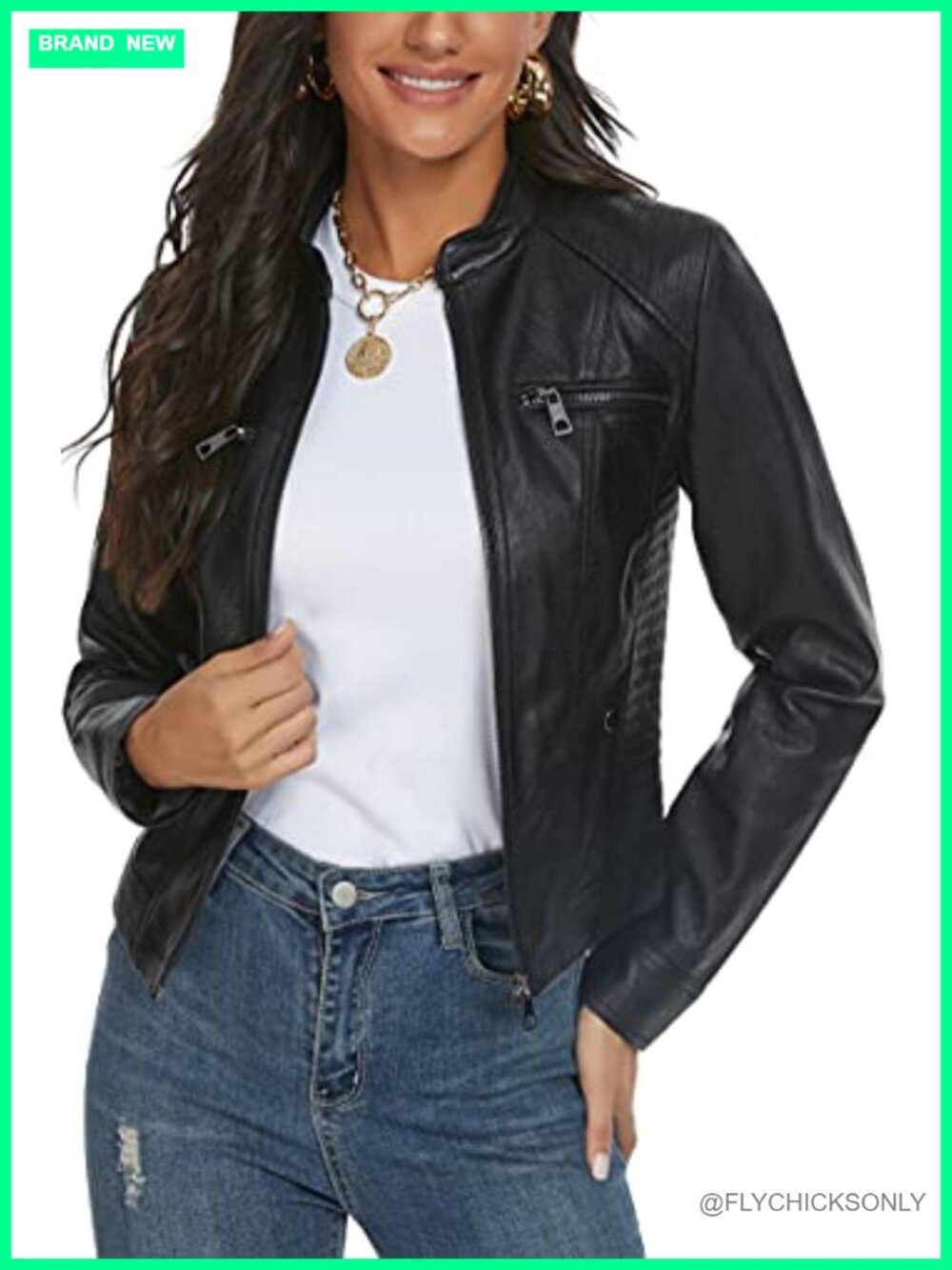 Faux Leather Moto Biker Jacket Stand Collar Slim Fit Long Sleeve